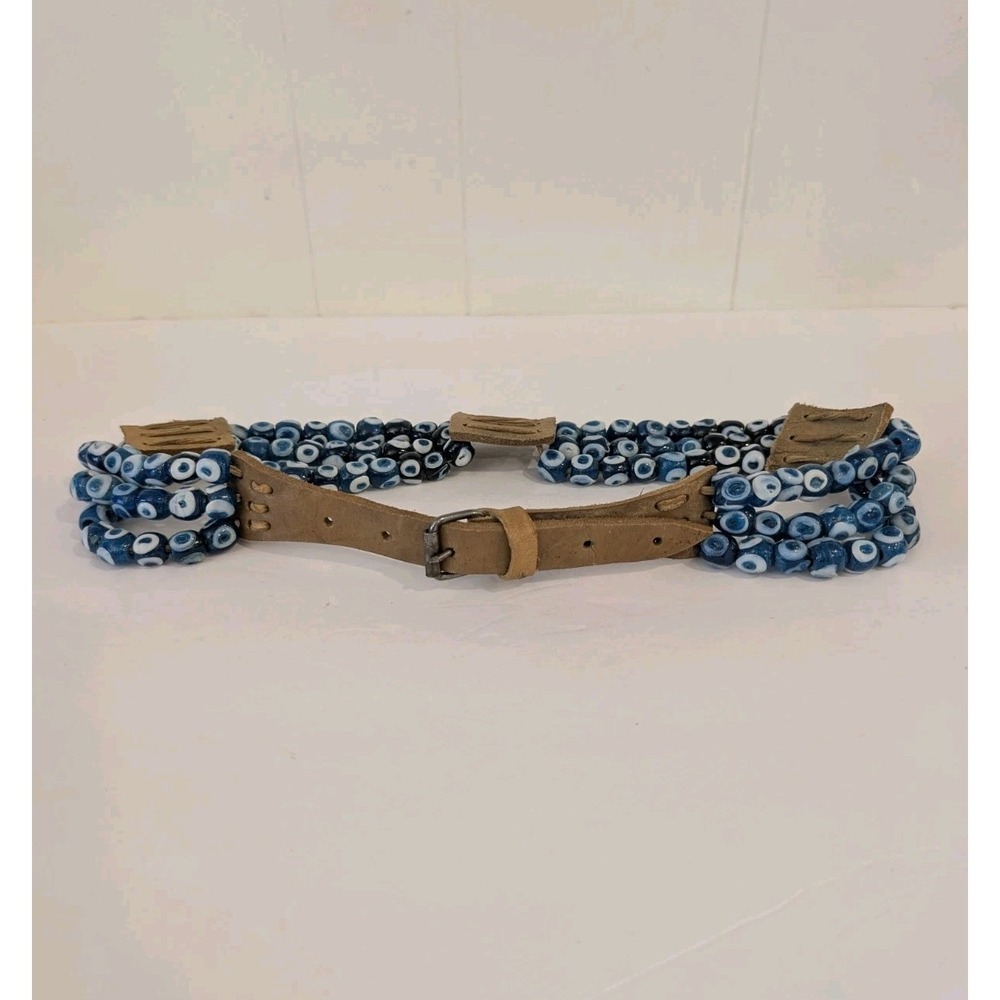 Vintage Turkish Handmade Evil Eye Glass Bead Leather Belt Anatolian Ethnic Folk